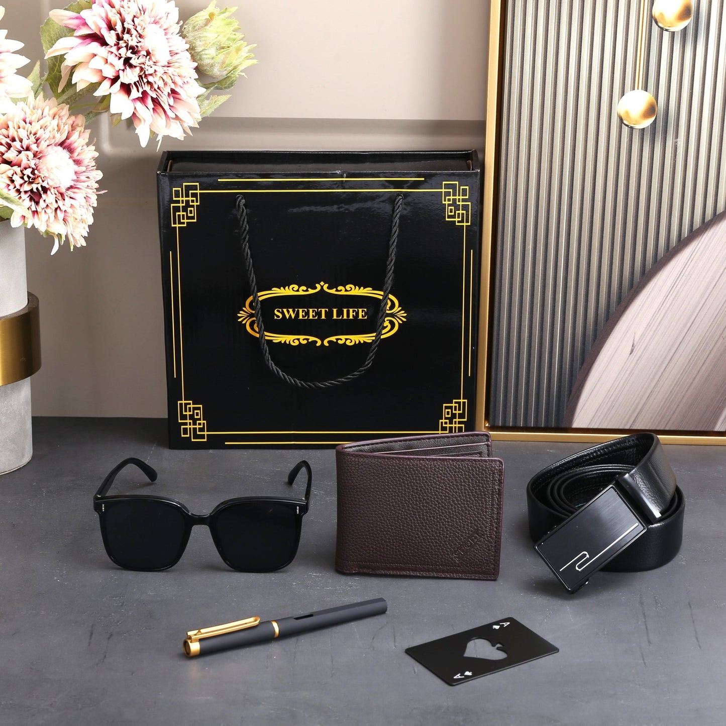 Men's Gift Box Set with PU Leather Wallet, Belt, & Sunglasses [Pink/Red]Gift Sets_Black__gift sets_