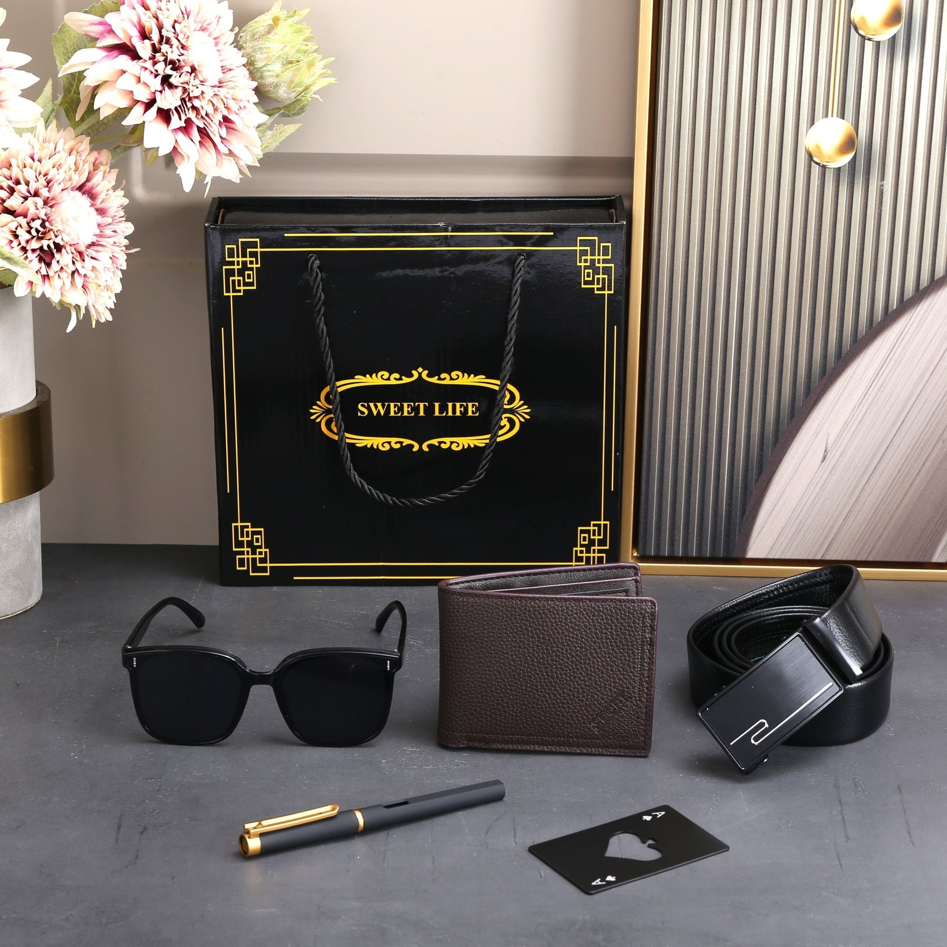 Men's Gift Box Set with PU Leather Wallet, Belt, & Sunglasses [Pink/Red]Gift Sets_Black__gift sets_