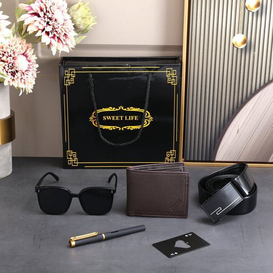 Men's Gift Box Set with PU Leather Wallet, Belt, & Sunglasses [Pink/Red]Gift Sets_Black__gift sets_
