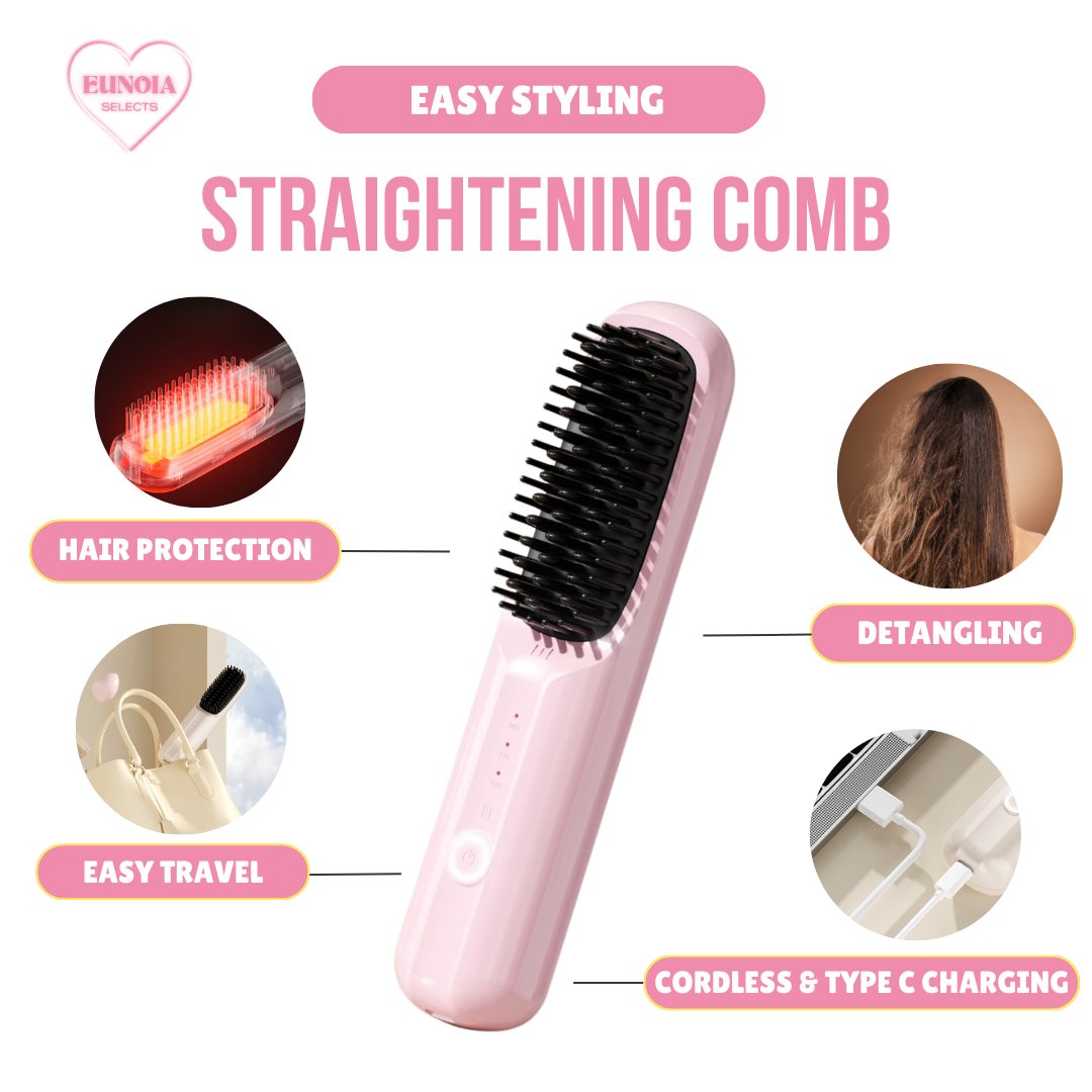 COCO Ceramic Straightening Comb - Cordless Charging Straighter/ CurlerHair Styling Tools_Pink__hair products_Stylish Travel
