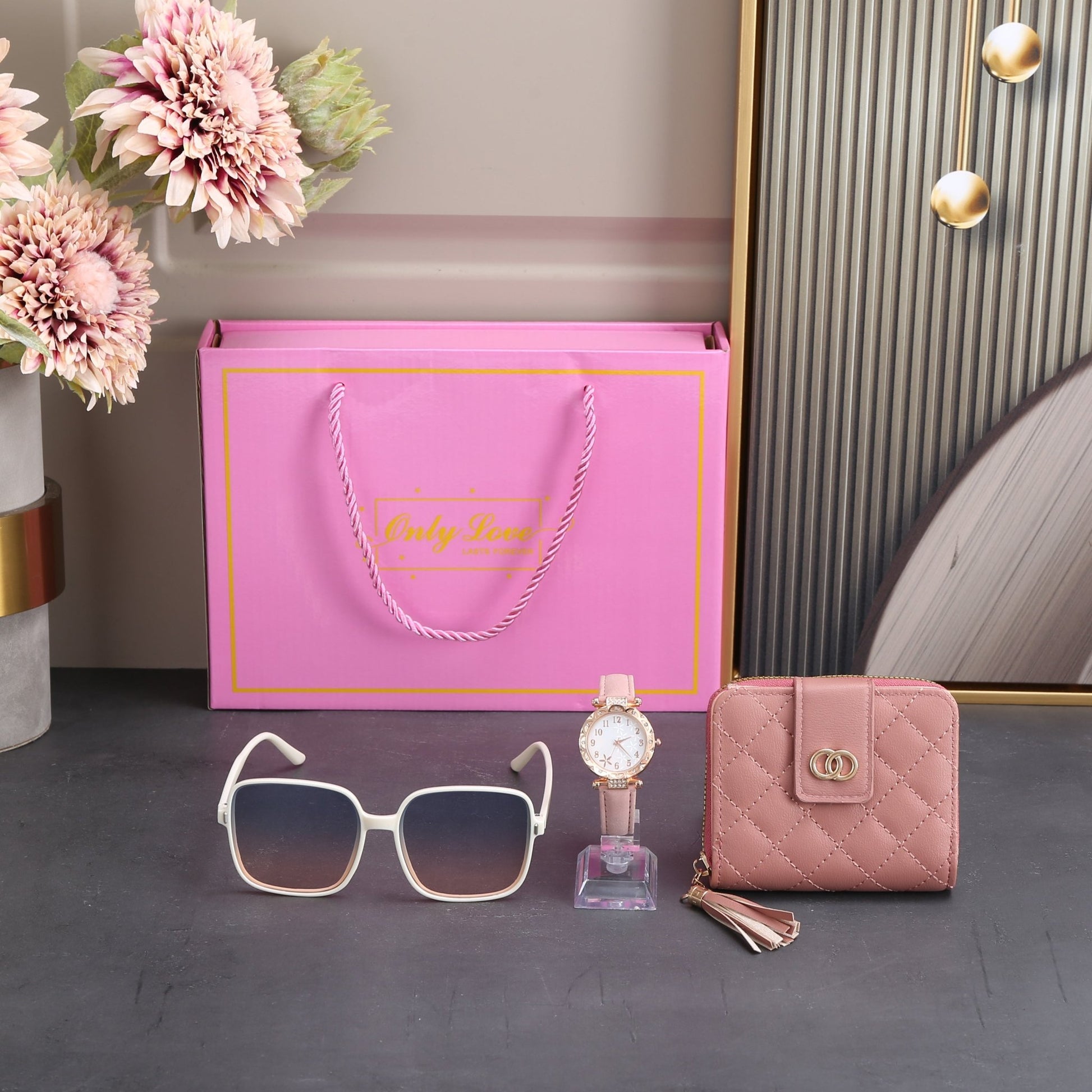 Glam Women's Gift Box Set Essentials with PU Leather Wallet, Watch, & Sunglasses [Pink/Red]Gift Sets_Pink__gift sets_