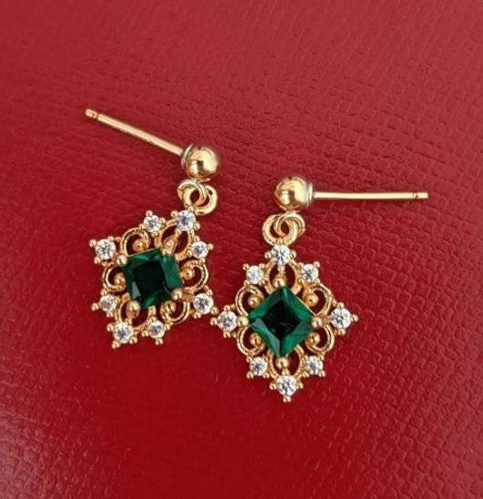 Morgan 14K Gold Earrings w. Emerald Green Gem Jewels Pendant | Vintage InspiredEarrings_Gold_Emerald Green_14k Gold_antique_accessory