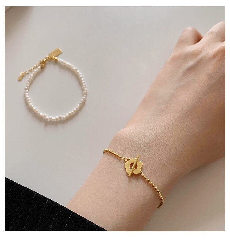 Nora S925 Silver Baroque Bracelet w. Pearl + Gold Beads Chain | Minimalist ChicBracelets_Pearl + Gold Chain_Gold_dainty_bracelet_engraved_bracelet