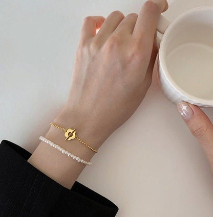 Nora S925 Silver Baroque Bracelet w. Pearl + Gold Beads Chain | Minimalist ChicBracelets_Pearl + Gold Chain_Gold_dainty_bracelet_engraved_bracelet