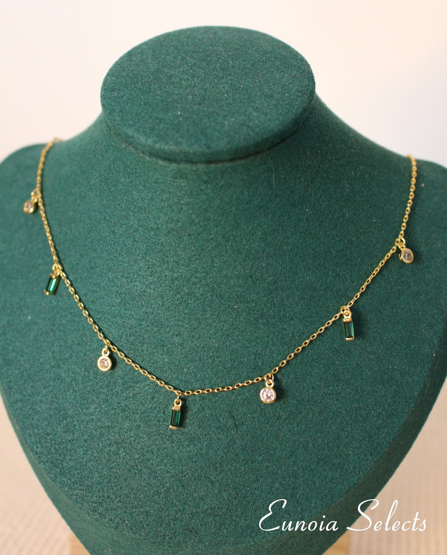 Tessa Emerald Green Necklace Dainty Dangle Charms + 18K Gold Chain | May BirthStoneNecklaces_Gold_Emerald Green_birthday_gift_women_charm_necklace